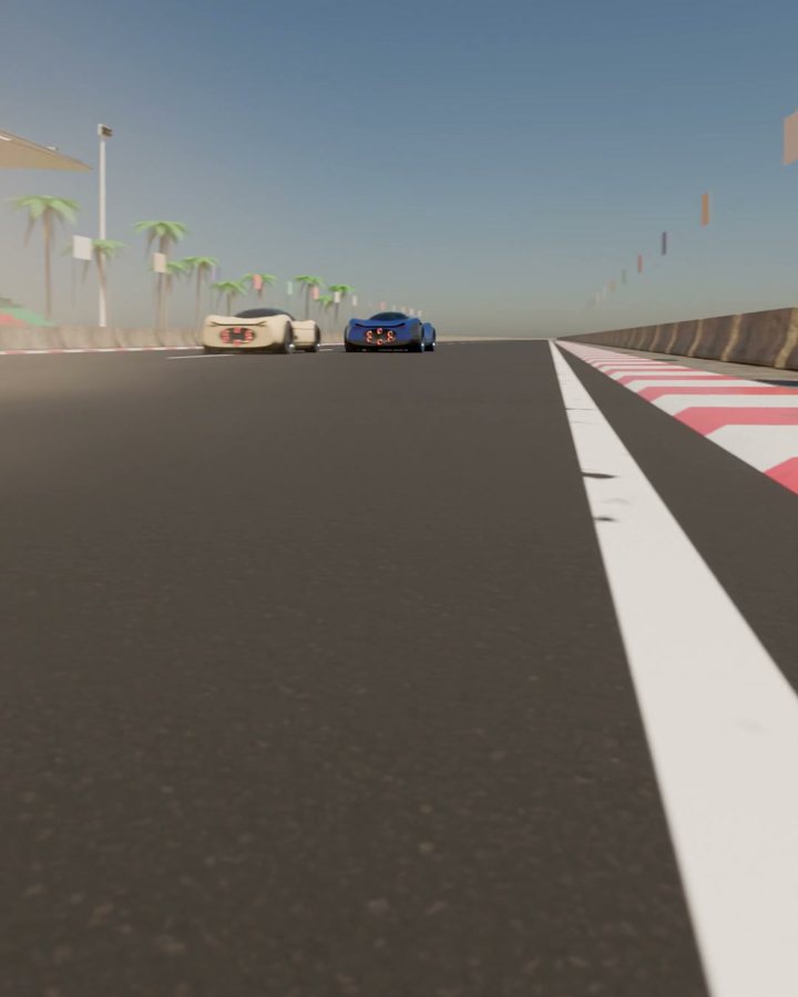 Two cars racing down a palm-lined straight.