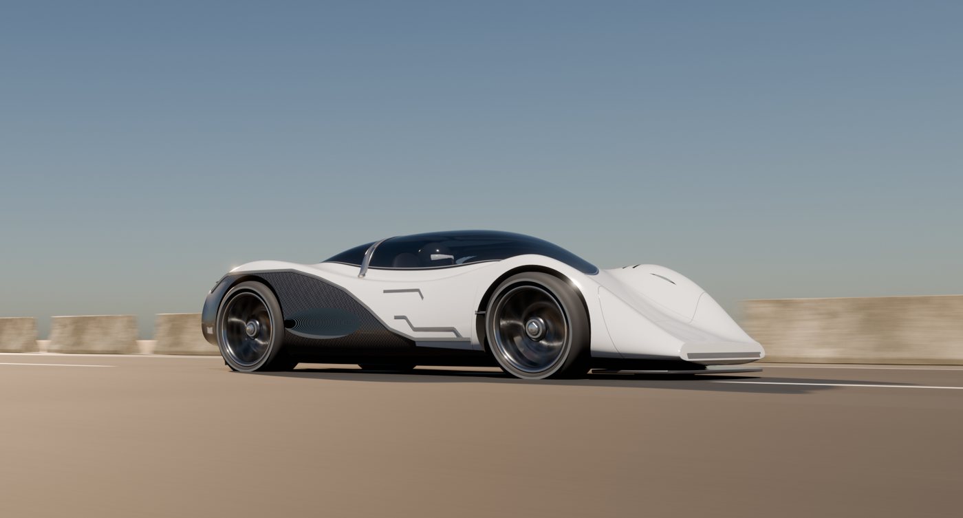 The pearl-white RocketCar side-on on a sunny track.
